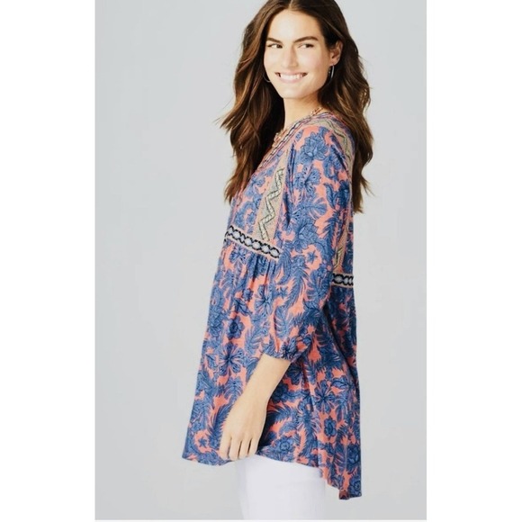 J. Jill Boho Floral Embroidered V-Neck 3/4 Sleeve Tunic Top Women's Size Small - Picture 4 of 13